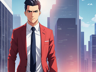 Wall Mural - a man in a suit and tie standing in front of a cityscape with neon lights and buildings . AI