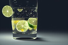 A Colorful Drink With Limes And A Splash Of Water On The Side Of The Glass With The Liquid In The Middle Of The Glass.  Generative Ai