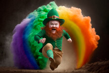 Little Leprechaun Runs On The Rainbow, Saint Patricks Day Concept