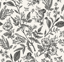 Seamless Pattern. Beautiful Fabric Blooming Realistic Isolated Flowers. Vintage Background. Set Jasmine Petunia Croton Wildflowers. Wallpaper Baroque. Drawing Engraving. Vector Victorian Illustration