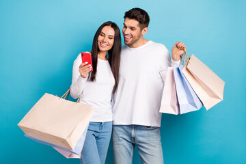 Wall Mural - Portrait of two cheerful positive partners use telephone order online bags delivery isolated on blue color background