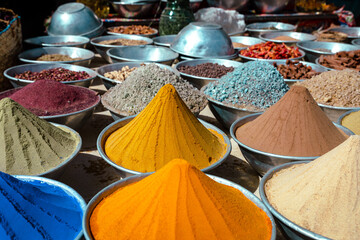 Poster - Variety of Spices and Arab Herbs at Traditional Oriental Bazaar at Nubian Village. Aswan. Egypt. Africa.