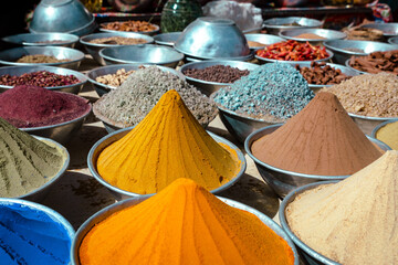 Poster - Variety of Spices and Arab Herbs at Traditional Oriental Bazaar at Nubian Village. Aswan. Egypt. Africa.