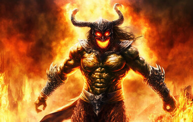 muscular demon warrior surrounded by flames, horns, hell, battle, fantasy, art illustration  