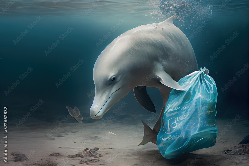 Dolphin swimming with a plastic bag. Ocean pollution. Dolphin cleans ...
