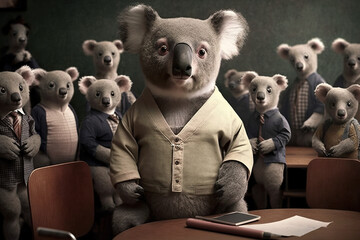 A koala dressed as a teacher stands in front of a classroom, concept of Costume Party and Role-Play, created with Generative AI technology