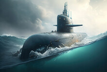 Military Submarine On The Rough Ocean, Illustration Generative AI