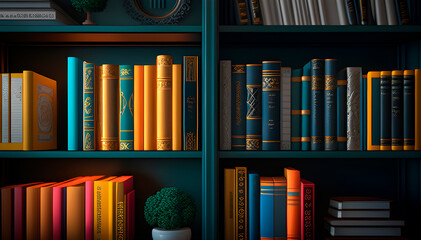 Wall Mural - a bookshelf lined with books, books with colorful bindings on bookshelves in a hand-drawn style. gen