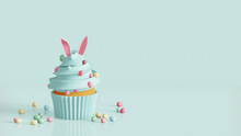 Easter Cupcake Decorated Bunny Ears And Egg Candies. 3D Render