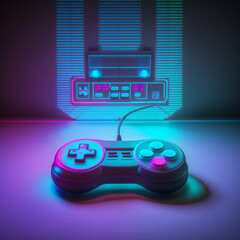 Wall Mural - retro game controller, minimal  vaporwave set, neon colors, nostalgic grungy mood, generative ai illustration