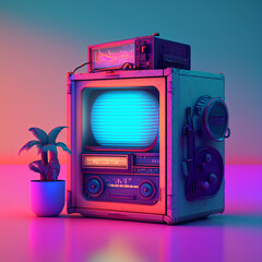 Wall Mural - retro vintage radio, 80s vibes, minimal neon colors, vaporwave grungy mood, nostalgia generative ai illustration