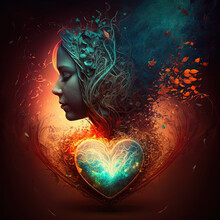 Soul And Heart Connecting, Colorful Heart Linked To The Mind, Soul And Universe. Spirituality, Esoteric, Meditation, Beautiful Emotions, Peace, Connected, Inner Balance. Generative Ai