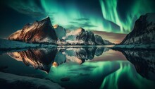 Breathtaking Aurora Borealis Over Snowcapped Mountains And Glistening Lake, Generative Ai