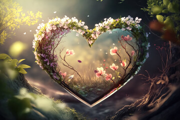 Love spring season concept. Heart shape of nature abstract background. Generative ai