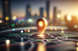 © tonktiti - Travel and technologogy concept. Gps icon on bokeh city skyline abstract background. Generative ai