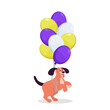 Cute puppy flying with balloons flat vector illustration. Drawing of dog with white, yellow and purple helium balloons on white background. Pets or domestic animals, celebration, decoration concept