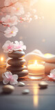Fototapeta Kwiaty - Concept Feng Shui. Zen spa relaxation. Ambiance salon de beauté et de massage. Bannière avec fleurs de cerisier sakura, bougies et pierres empilées. Atmosphère calme et reposante. Generative AI