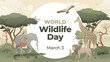 © Anastasiia Neibauer - World Wildlife Day concept with animals in the forest. Modern flat vector illustration. Web banner template.