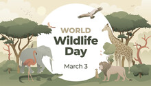 World Wildlife Day Concept With Animals In The Forest. Modern Flat Vector Illustration. Web Banner Template.