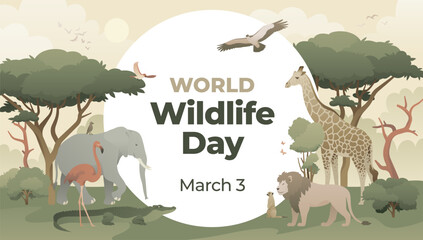 world wildlife day concept with animals in the forest. modern flat vector illustration. web banner t