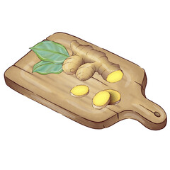 Wall Mural - Ginger root on a cutting board digital illustration