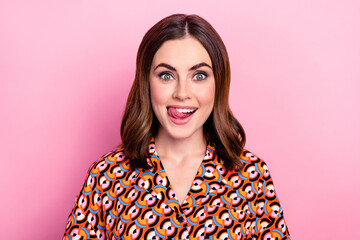 photo portrait of lovely young lady lick teeth tasty food restaurant dressed stylish print garment i