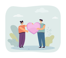 Sticker - Teen cartoon couple holding big pink comic heart together. Happy boyfriend and girlfriend standing together flat vector illustration. Love, relationship, Valentines day, togetherness concept