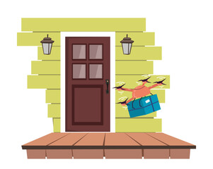 Poster - Drone delivering package to door step vector illustration. Cartoon drawing of quadcopter carrying parcel on white background. Technology, delivery, innovation, transportation concept