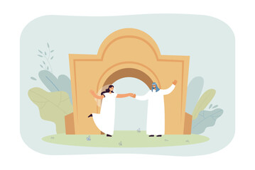 Arabic bride and groom holding hands at wedding arch. Cartoon drawing of woman with veil and Muslim man in traditional headwear flat vector illustration. Love, relationship, marriage concept