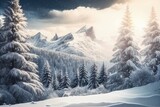 Fototapeta  - Beautiful snow-covered forest day fir trees, pines, it's snowing. Mountains and the sun.
