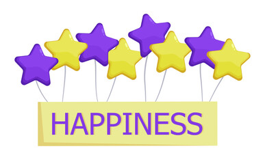 Canvas Print - Drawing of happiness banner with balloons in shape of stars. Purple and yellow balloons on white background vector illustration. Happiness, birthday, celebration, decoration concept