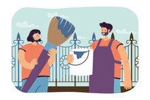 Co-workers painting fence together vector illustration. Happy woman with big paintbrush and man with paint bucket collaborating on background of blue sky. Teamwork, business, collaboration concept