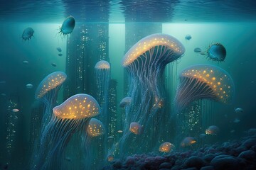 Wall Mural - sprawling metropolis on the ocean floor, with towering skyscrapers made entirely out of jellyfish illustration generative ai