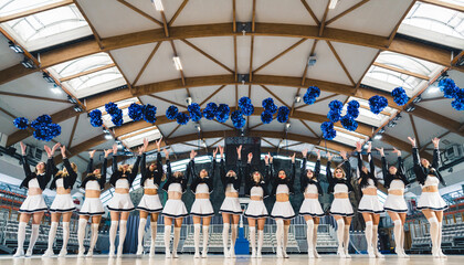 Wall Mural - cheerleaders with black-white uniforms standing in a row and throwing blue pom-poms up in the arena. High quality photo