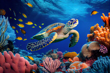 A Turtle Swimming In Clear Blue Water Ocean With Incredible Marine Biodiversity Background Generative AI