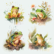 cute doodle frog with watercolor vector illustration set