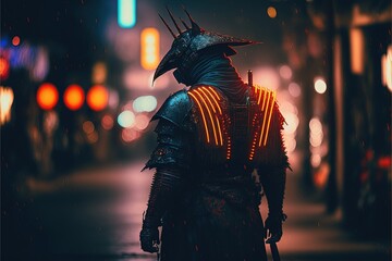 Asian warrior with sword in a closed mask on a ancient neon city. Swordsmen Middle Ages Fantasy Samurai Armor Full Set High Definition Art Generative Artificial Intelligence