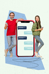 Creative photo collage of young girl chatting use smartphone remote dating man app internet message viber advert isolated on white background