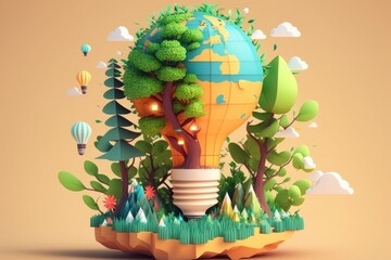 Canvas Print - 3D environment and Earthday concept. the lightbulb has a tree inside it. Lightbulb with a tree growing on it. The ecological notion of saving the earth with green energy. Generative AI