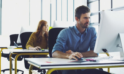 Search, research or hacker man for cybersecurity, app coding or data analysis in office. Programmer, developer or employee typing on tech for software code, programming or startup analytics review