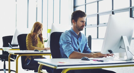 Programming, computer or hacker man for cybersecurity, app coding or data analysis in office. Programmer, developer or employee typing on tech for software code, research or startup analytics review