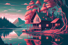 Generative AI Illustration Of Fantasy Landscape With Wooden Residential House And Pink Trees On Shore Of Peaceful Lake In Mountainous Valley At Sunset