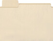 © Kusandra - Manila craft folder with cut tab isolated on white. Paper case archive for document and reports. Paper with grainy texture. Beige blank kraft cardboard. Recycled package vector illustration