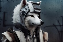 Portrait Of A White Wolf Dressed In A Warrior Suit. Cute Animal In A Warrior Suit. A Cyborg Wolf Is Standing In A 
Blurred City Background. Digital Art Style, Illustration Generative AI