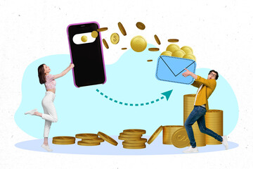 Poster - Creative collage picture of two people hold big smart phone send money coins wireless connection isolated on painted background