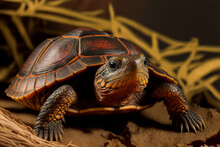 Realistic AI Generated Illustration Of Chinese Box Turtle Crawling On Sandy Ground In Nature