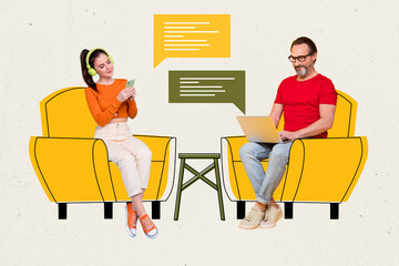 Sticker - Creative collage of two positive people sitting drawing armchair use smart phone netbook chatting communicate