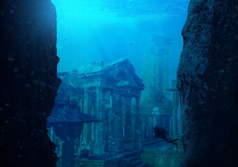 A scuba diver discovers the lost city of Atlantis conceptual theme.