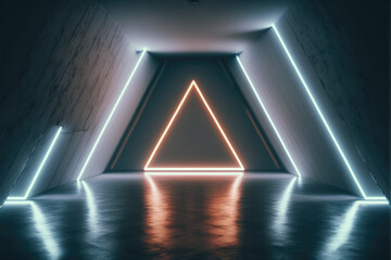 Wall Mural - Concrete room with triangle portal illuminated by blue and orange neon light. Peculiar AI generative image.