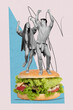 © deagreez - Vertical collage picture of two mini black white gamma excited people dancing huge burger isolated on creative background